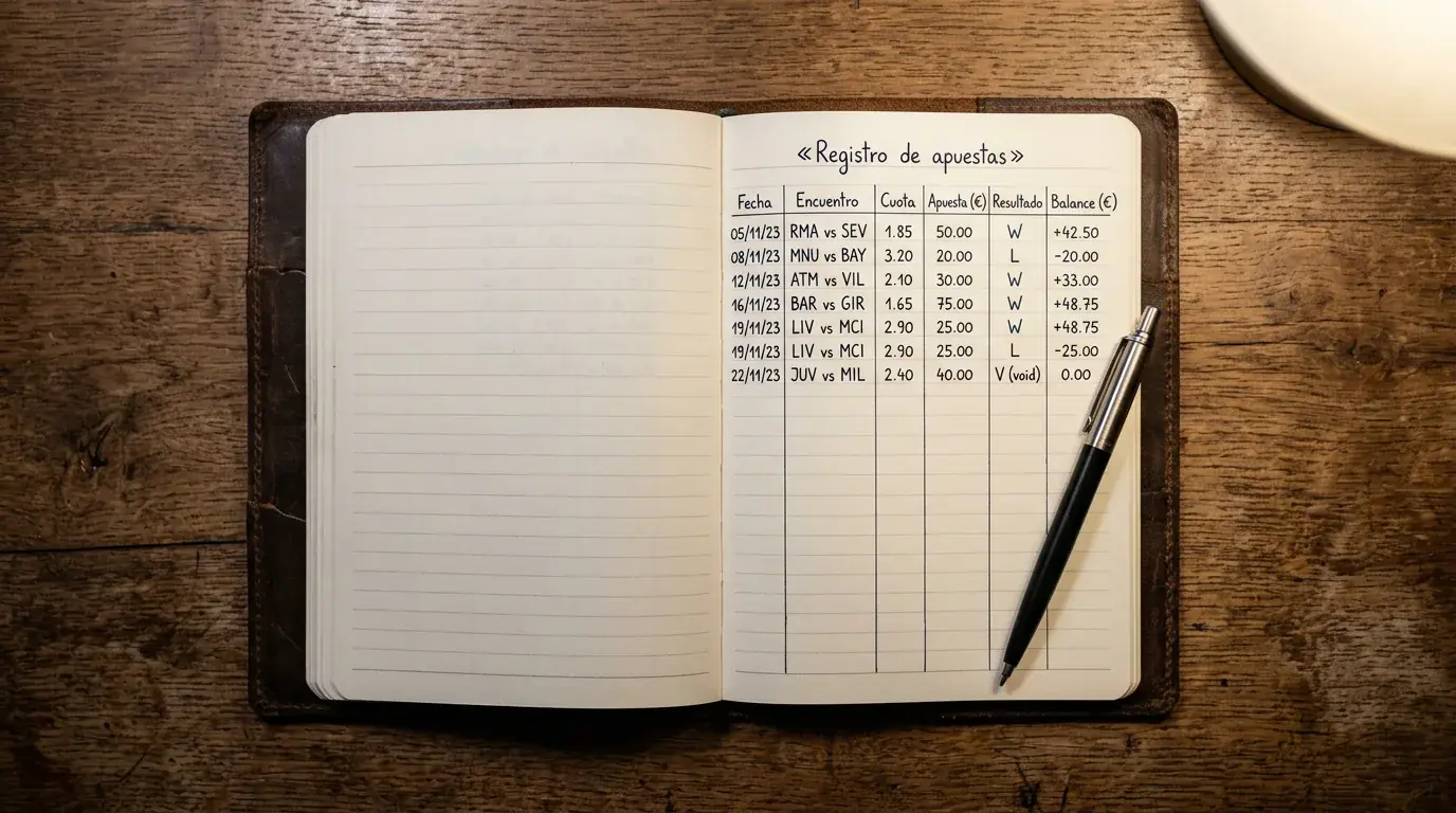 Cuaderno abierto con anotaciones manuscritas de un registro de apuestas deportivas NFL junto a un boligrafo