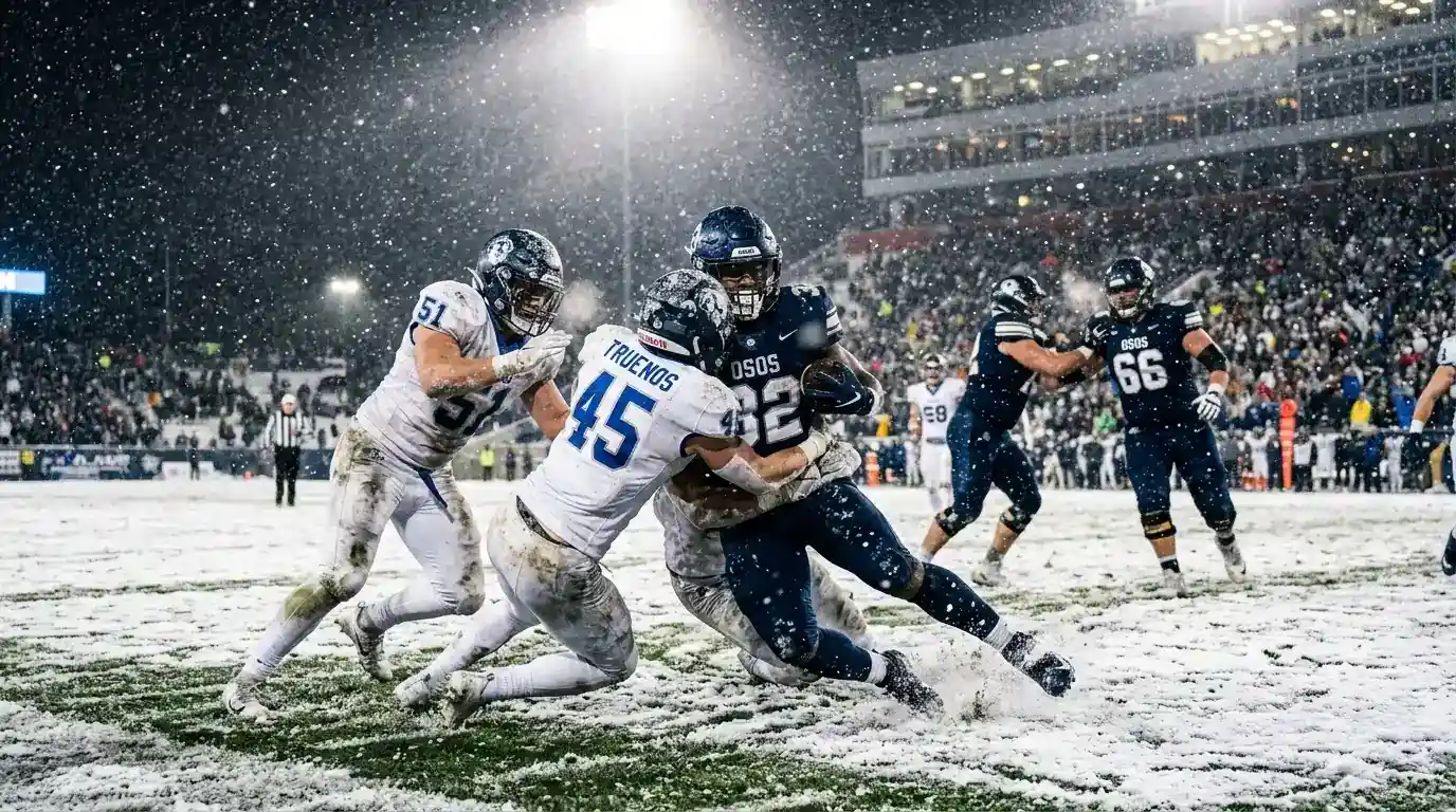 Partido de fútbol americano NFL disputado bajo una intensa nevada con jugadores apenas visibles