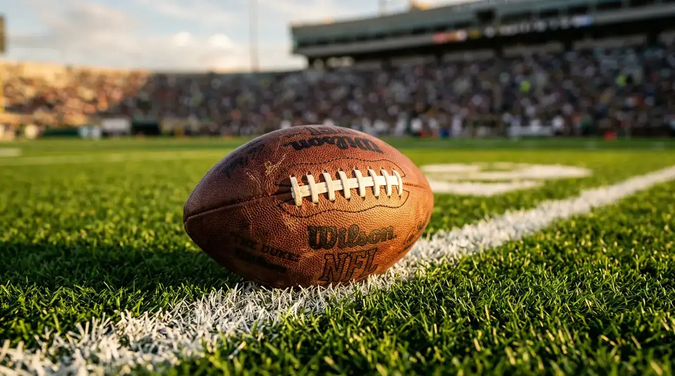 Balón de fútbol americano sobre el césped de un campo con líneas de yardas marcadas