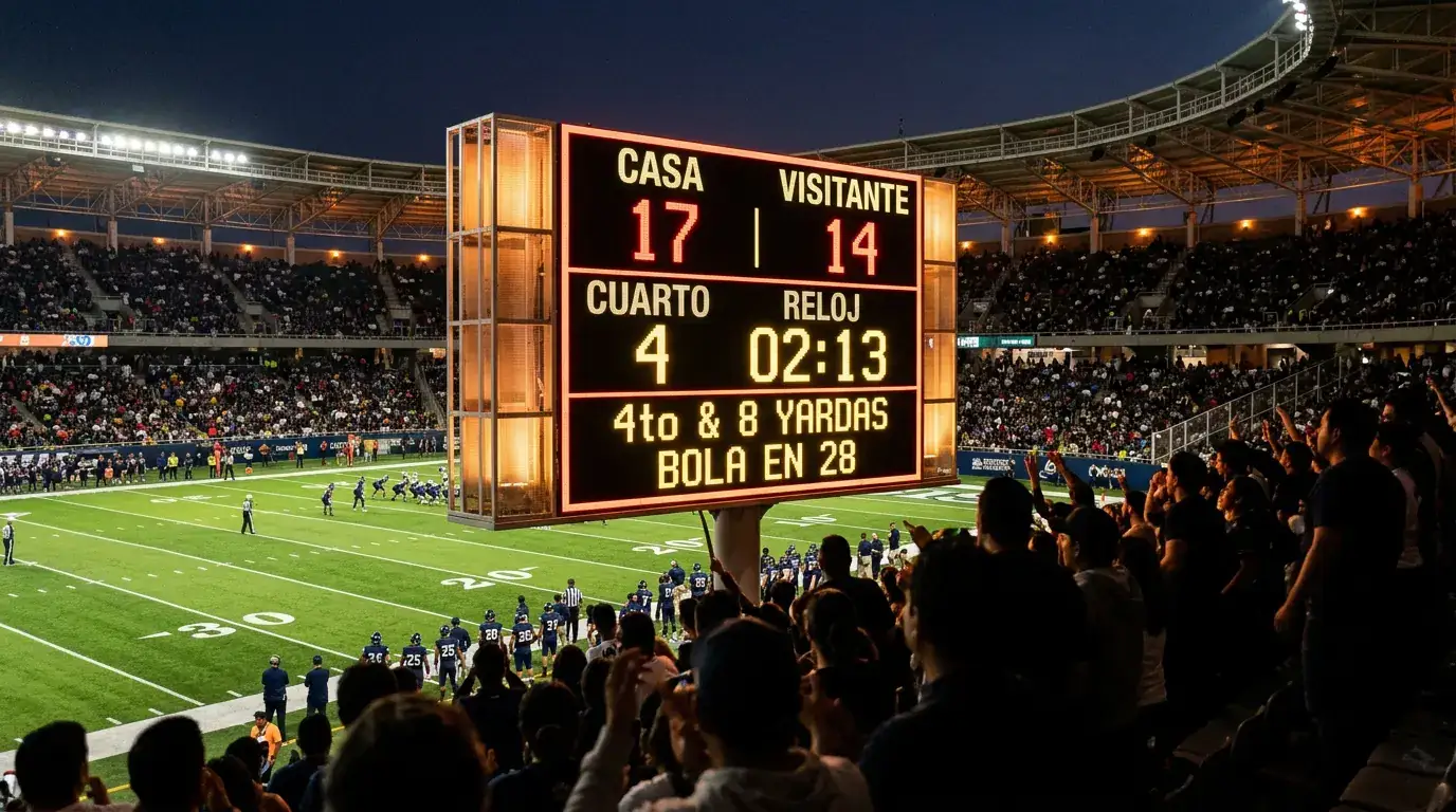 Marcador de un estadio de fútbol americano mostrando una diferencia de tres puntos