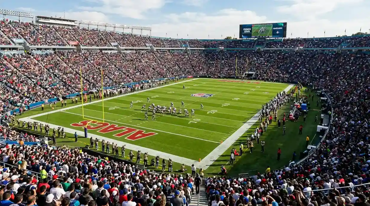Estadio de fútbol americano lleno de aficionados durante un partido de la NFL